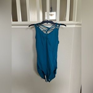 medium teal strap back pinch front leotard